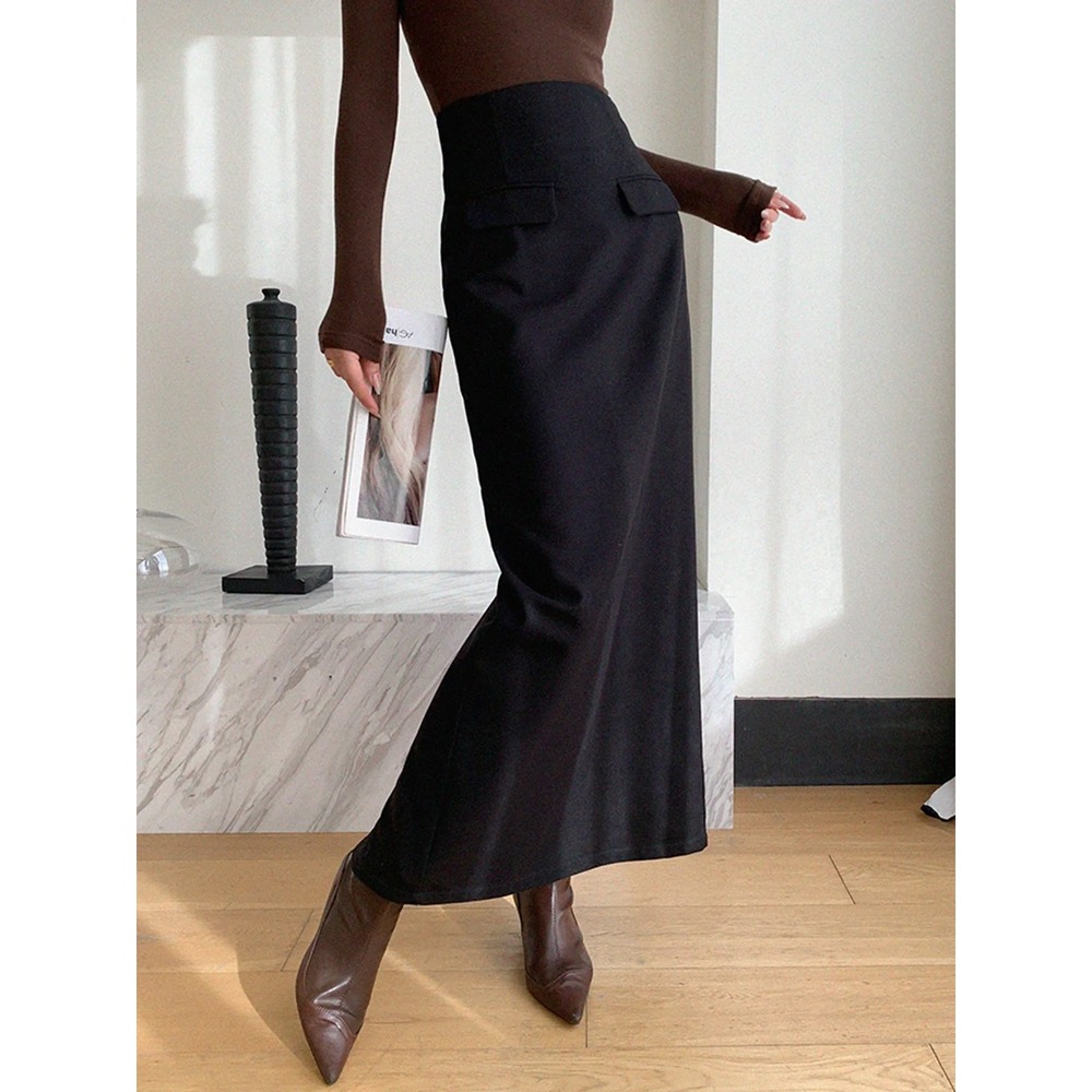 Commense Black High Waisted Maxi Column Tweed Slit Flap Pocket Detail Skirt M